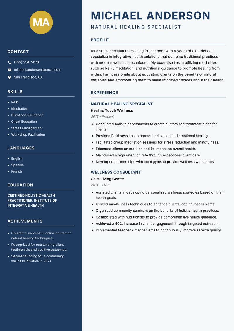 Natural Healing Practitioner resume template — Classic Clean