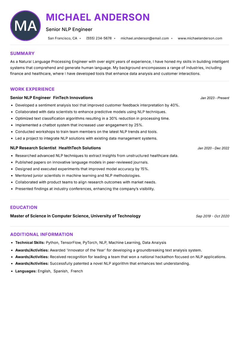 Natural Language Processing Engineer resume example — ATS-friendly template