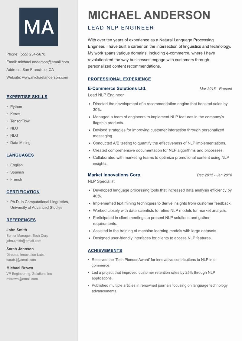 Natural Language Processing Engineer resume template — Creative Minimal