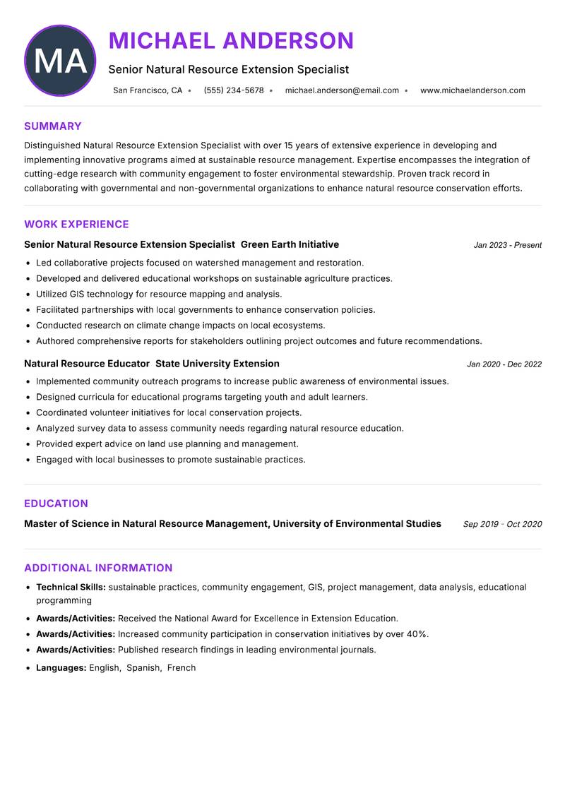 Natural Resource Extension Specialist resume example — ATS-friendly template