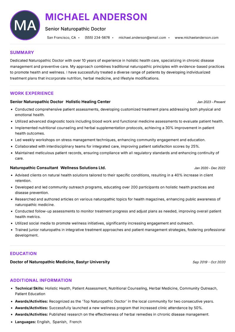 Naturopathic Doctor resume example — ATS-friendly template