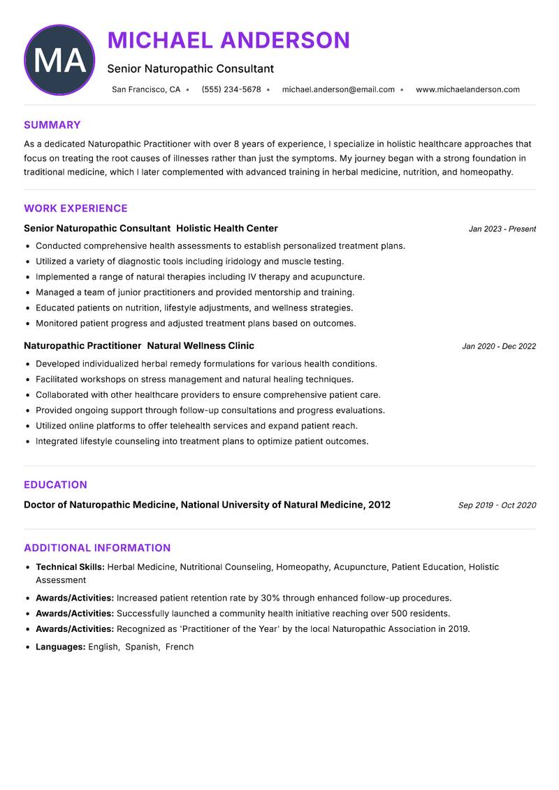 Naturopathic Practitioner resume example — ATS-friendly template