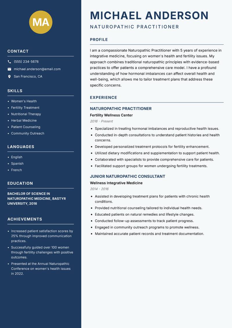 Naturopathic Practitioner resume template — Classic Clean