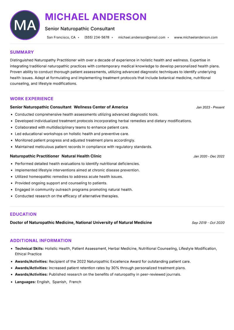 Naturopathy Practitioner resume example — ATS-friendly template