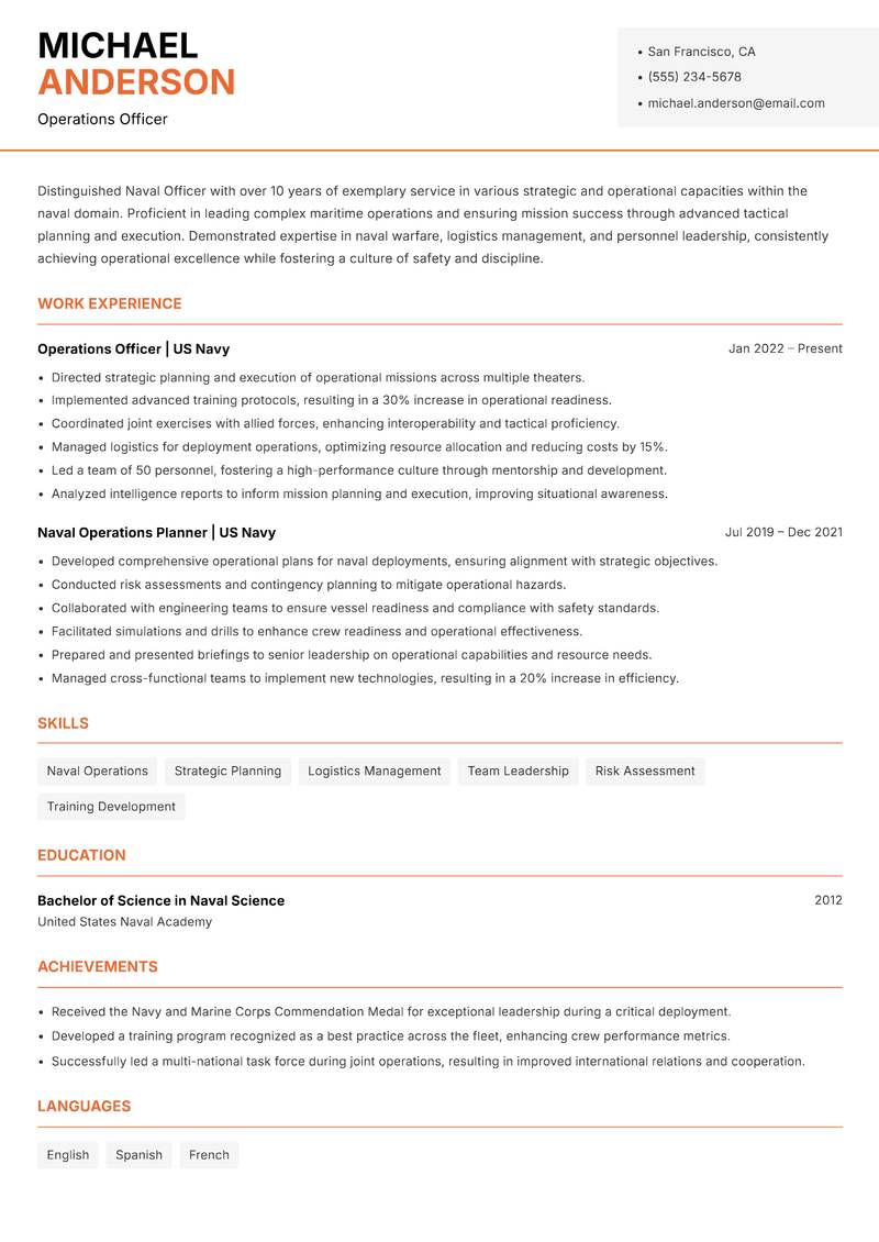 Naval Officer resume template — Modern Professional