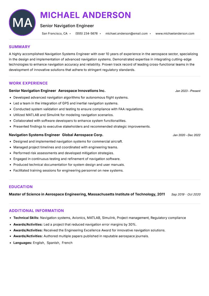 Navigation Systems Engineer resume example — ATS-friendly template