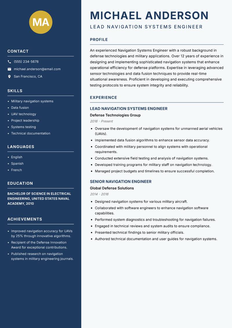 Navigation Systems Engineer resume template — Classic Clean