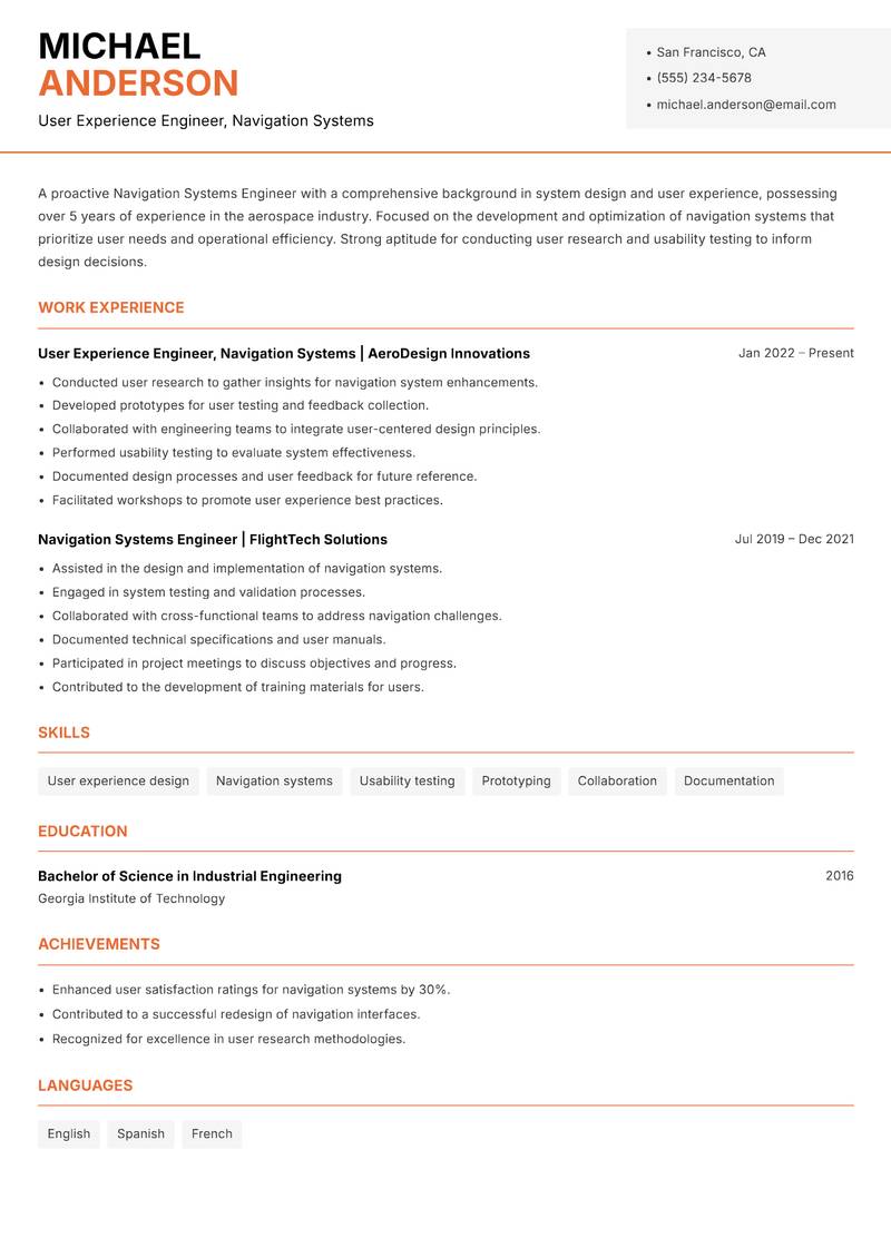 Navigation Systems Engineer resume template — Modern Professional