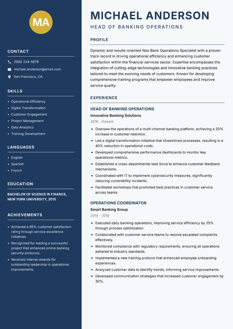Neo Bank Operations Specialist resume template — Classic Clean