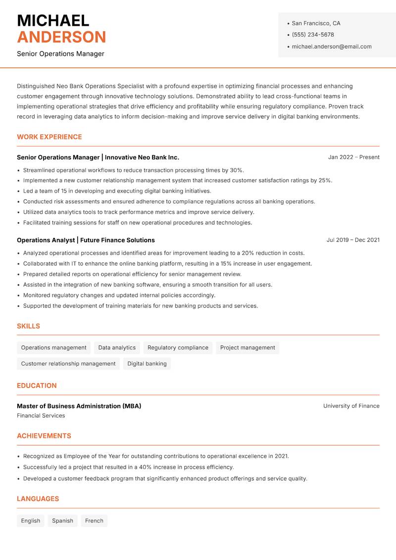 Neo Bank Operations Specialist resume template — Modern Professional