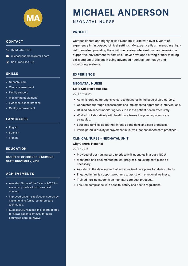 Neonatal Nurse resume template — Classic Clean