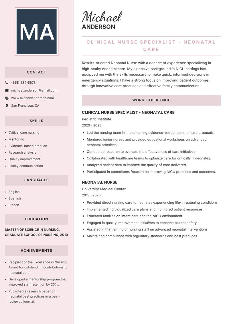 Neonatal Nurse resume template — Executive