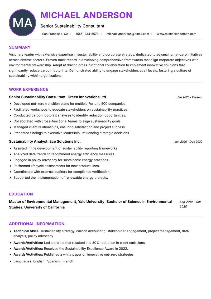 Net Zero Strategy Manager resume example — ATS-friendly template