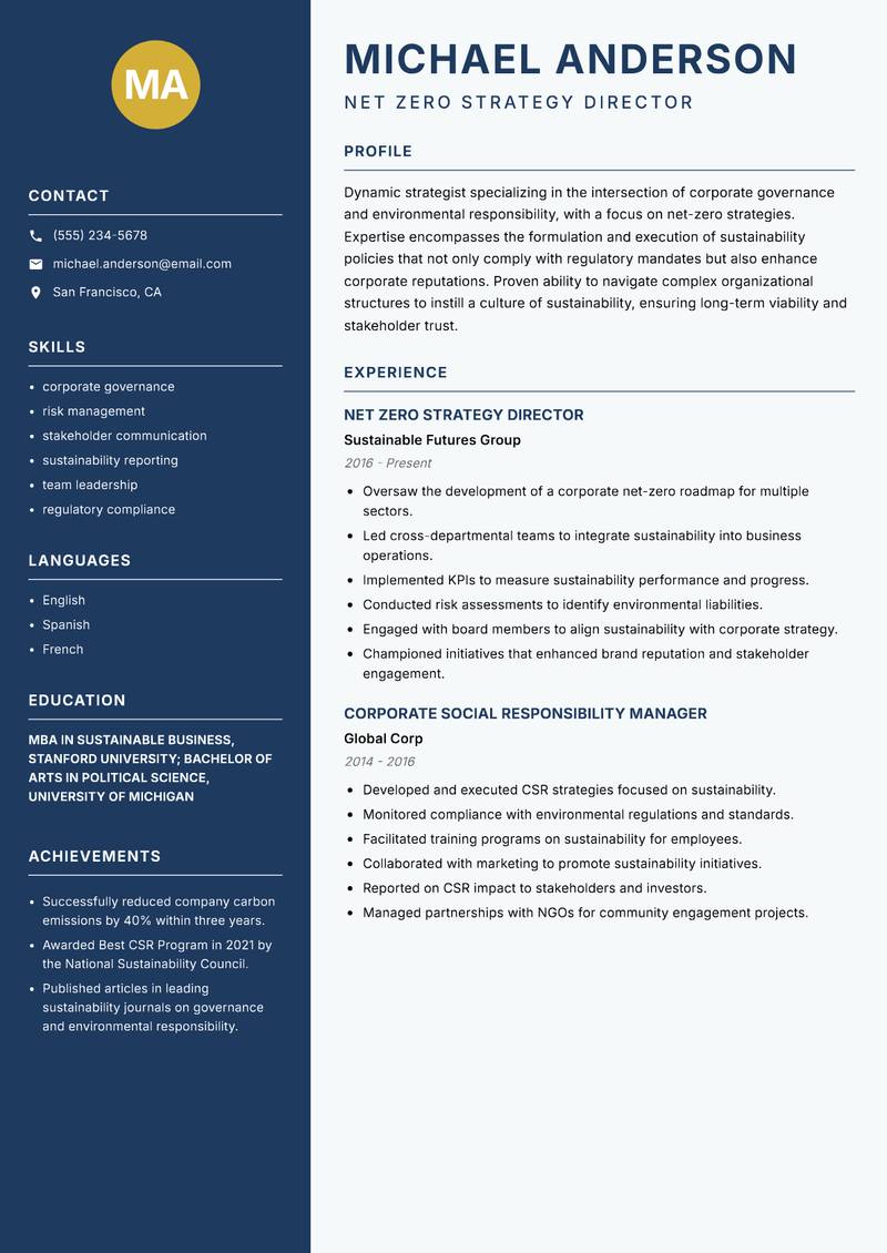 Net Zero Strategy Manager resume template — Classic Clean