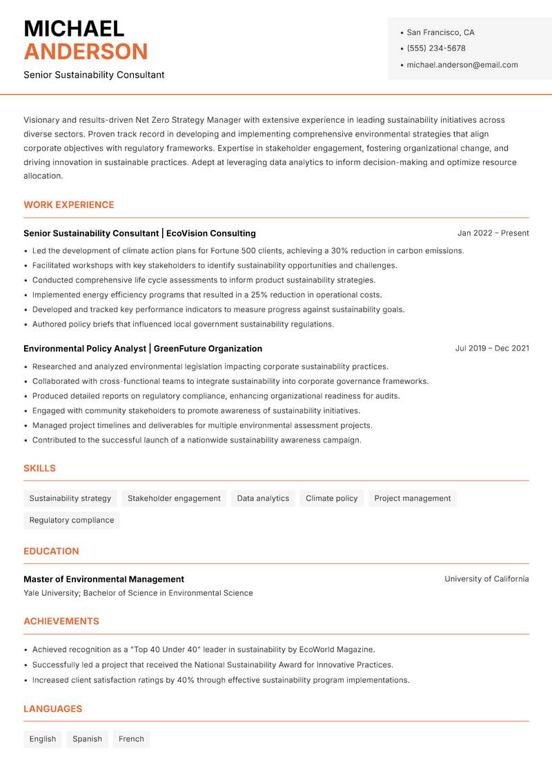 Net Zero Strategy Manager resume template — Modern Professional