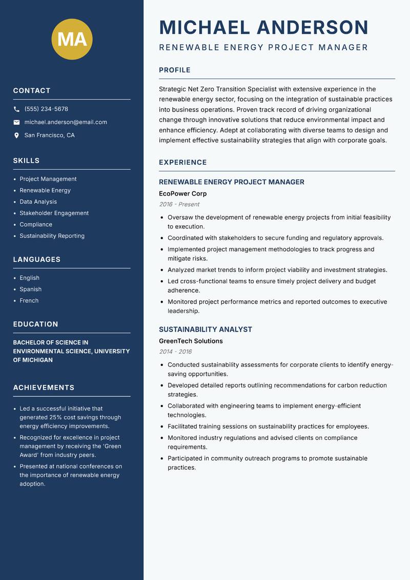 Net Zero Transition Specialist resume template — Classic Clean