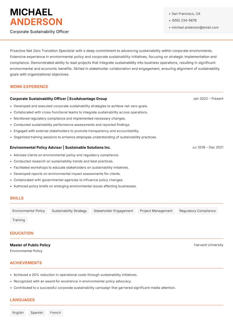 Net Zero Transition Specialist resume template — Modern Professional