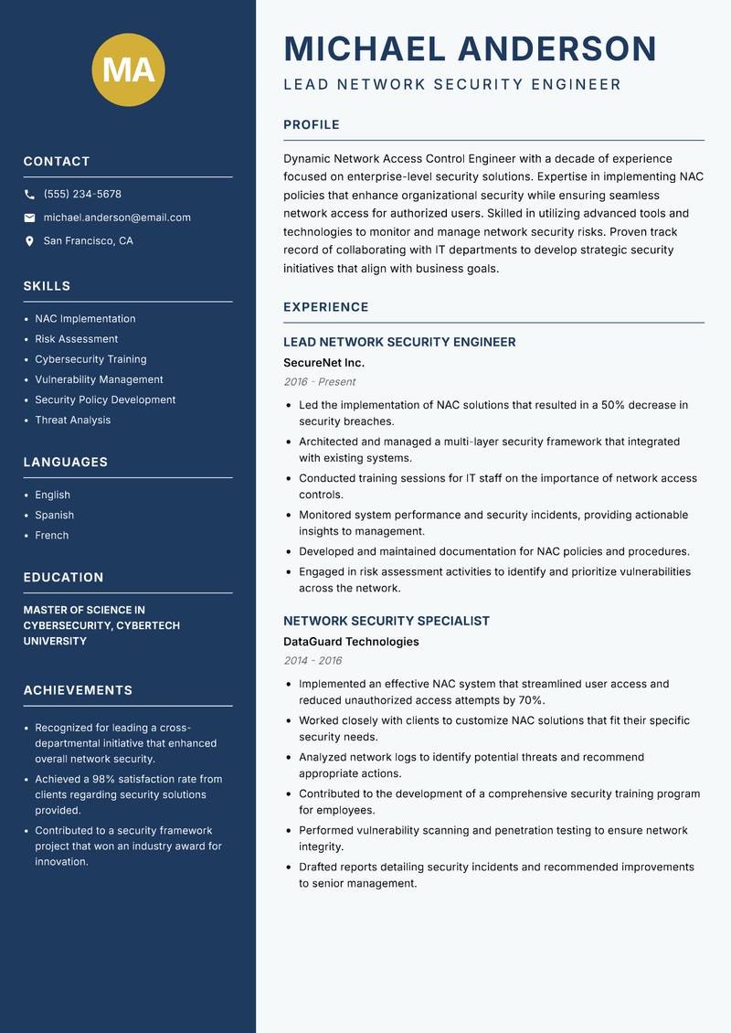 Network Access Control Engineer resume template — Classic Clean
