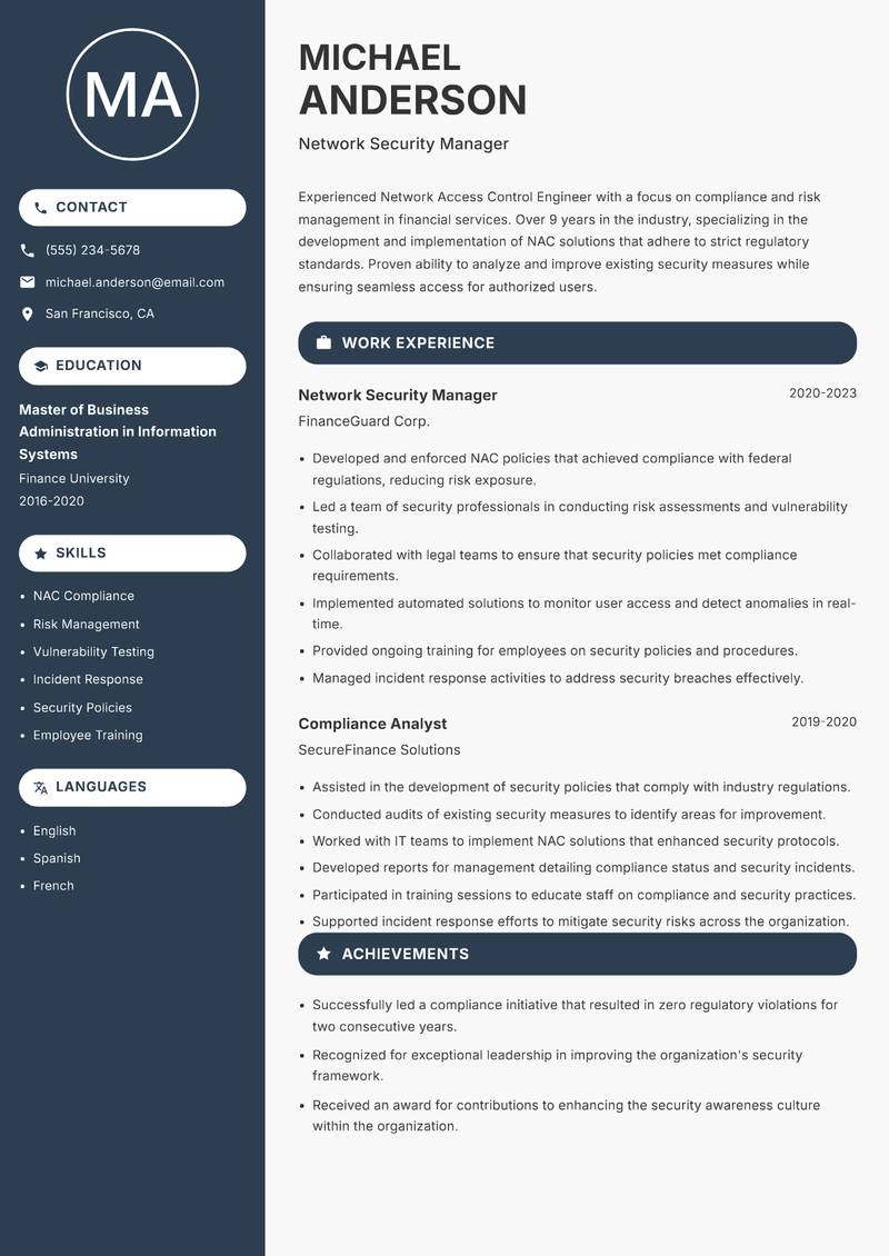 Network Access Control Engineer resume template — Compact