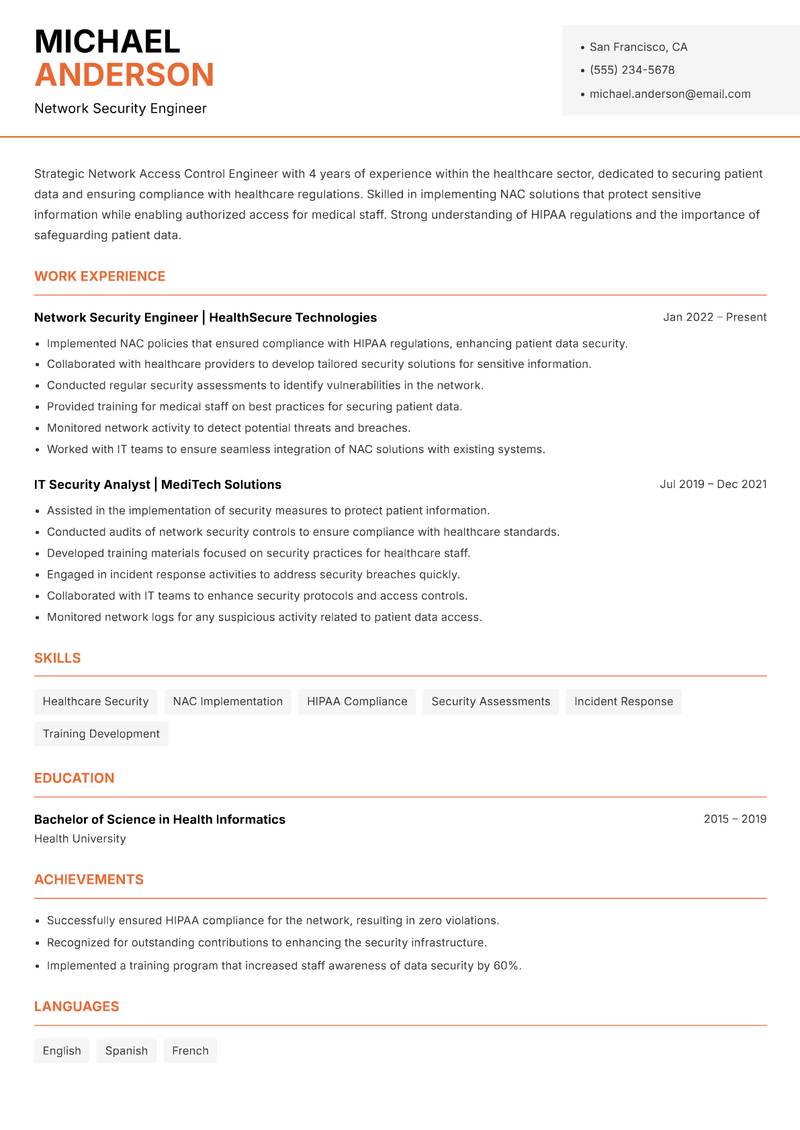Network Access Control Engineer resume template — Modern Professional