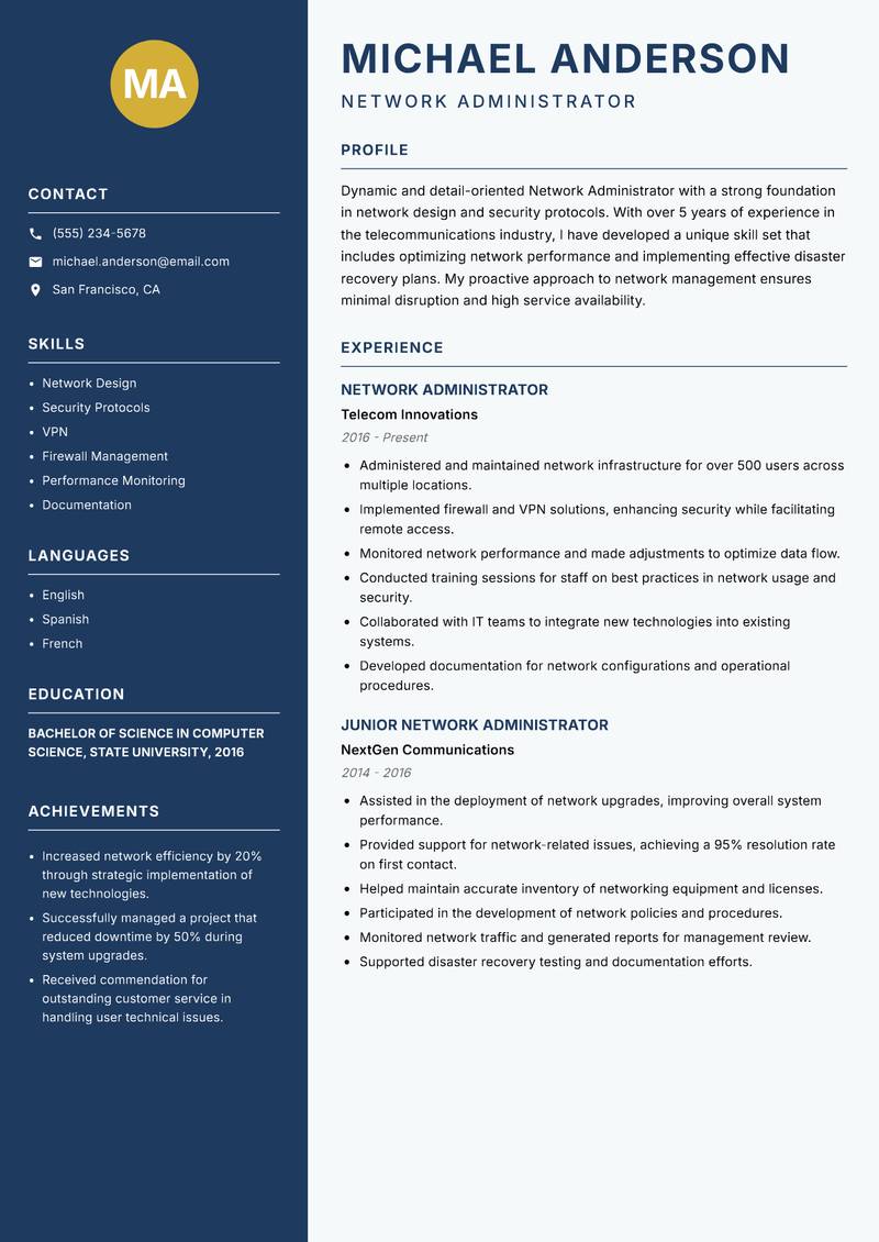 Network Administrator resume template — Classic Clean
