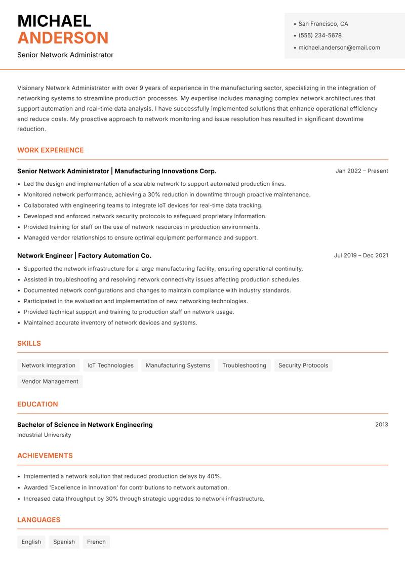 Network Administrator resume template — Modern Professional