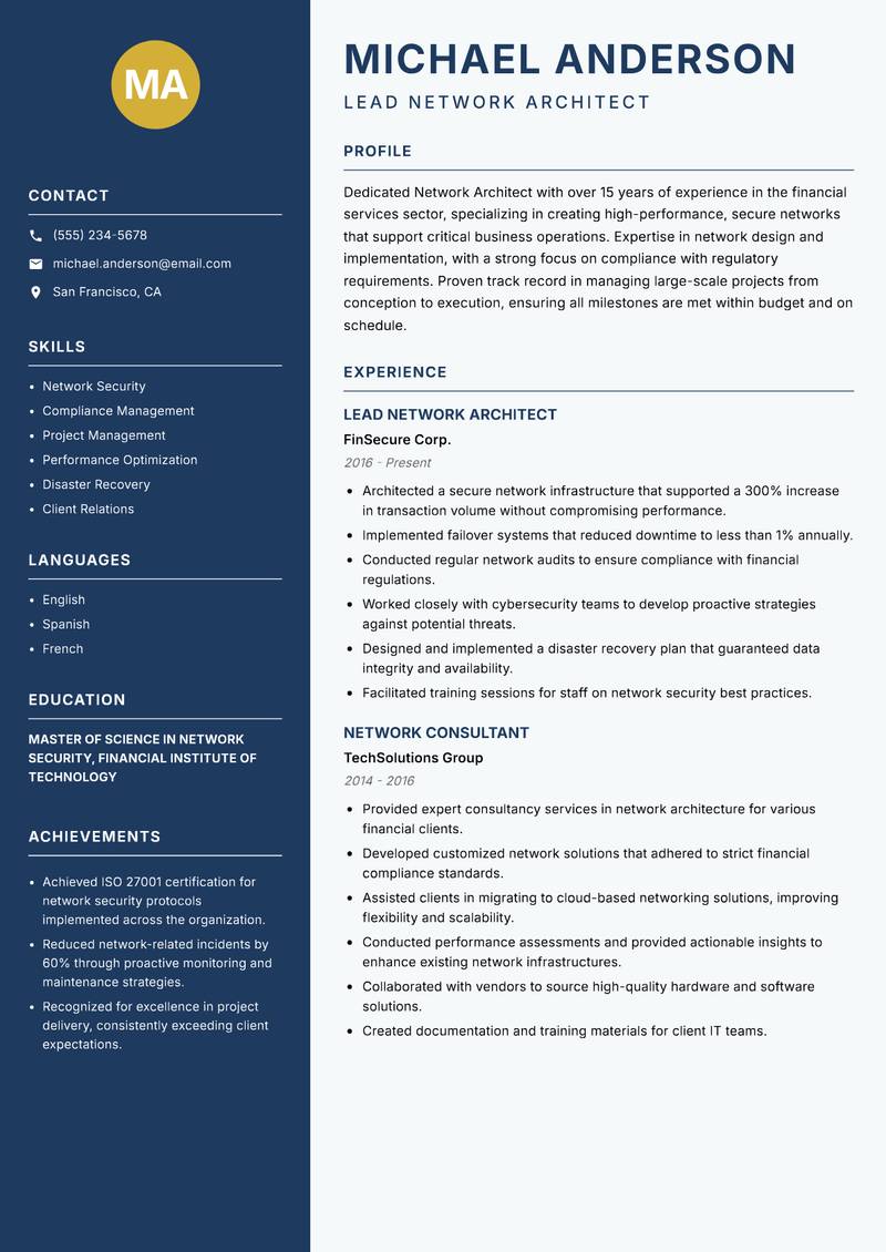 Network Architect resume template — Classic Clean
