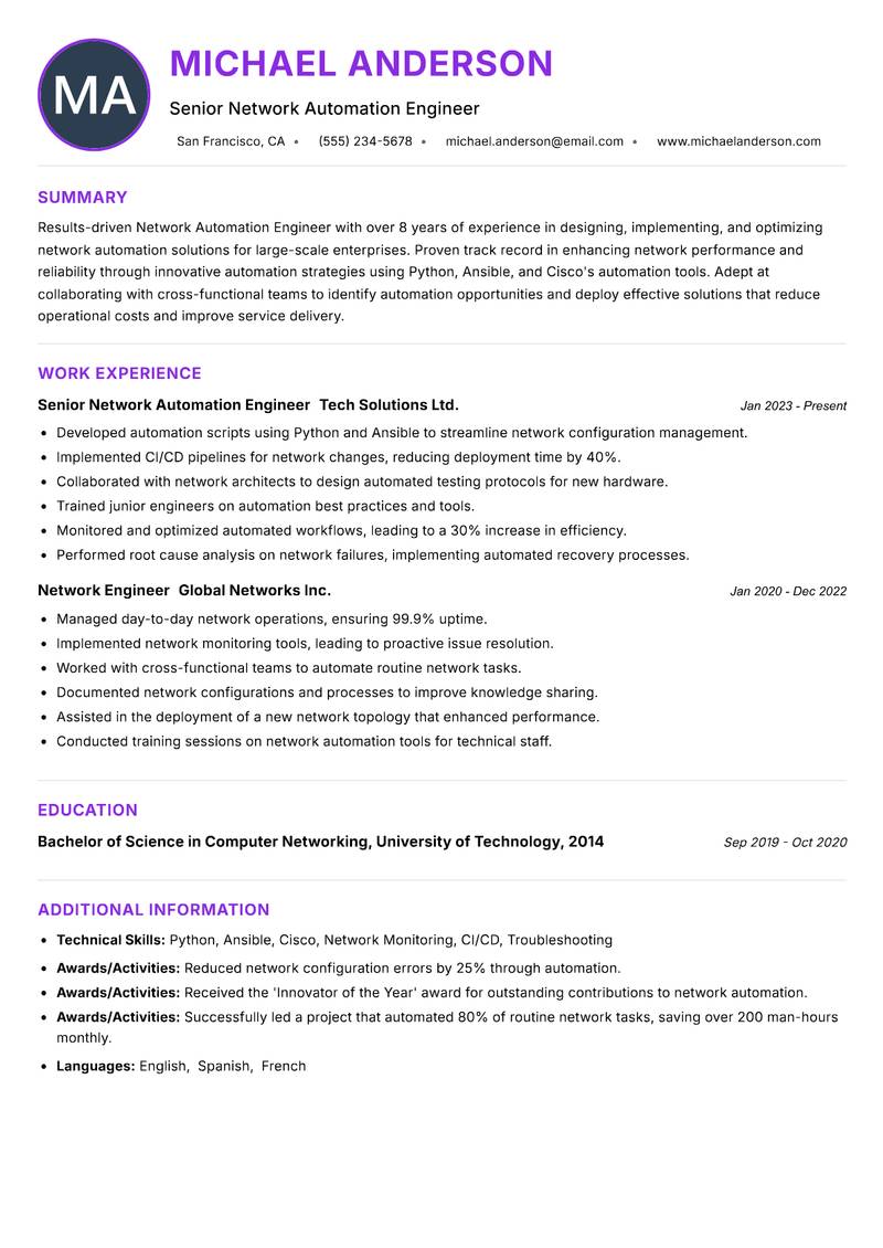 Network Automation Engineer resume example — ATS-friendly template