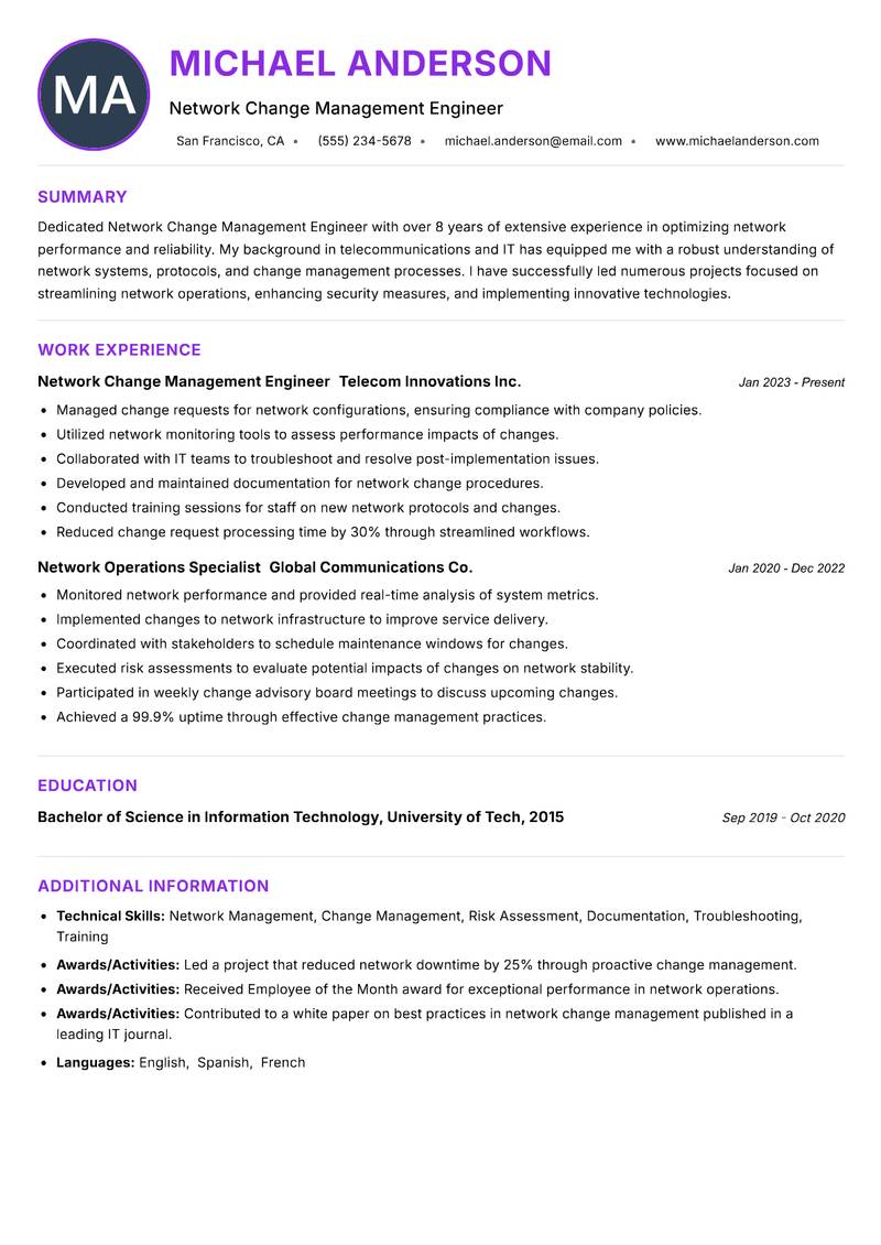 Network Change Management Engineer resume example — ATS-friendly template