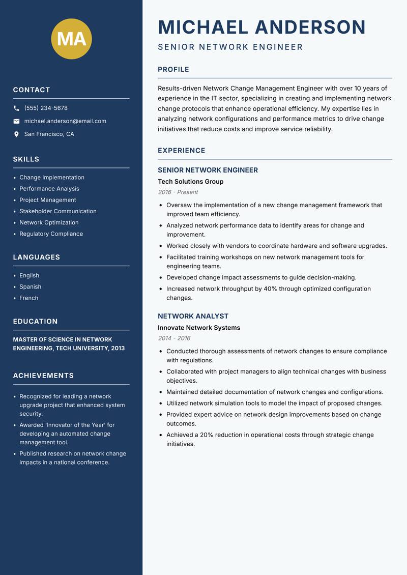 Network Change Management Engineer resume template — Classic Clean