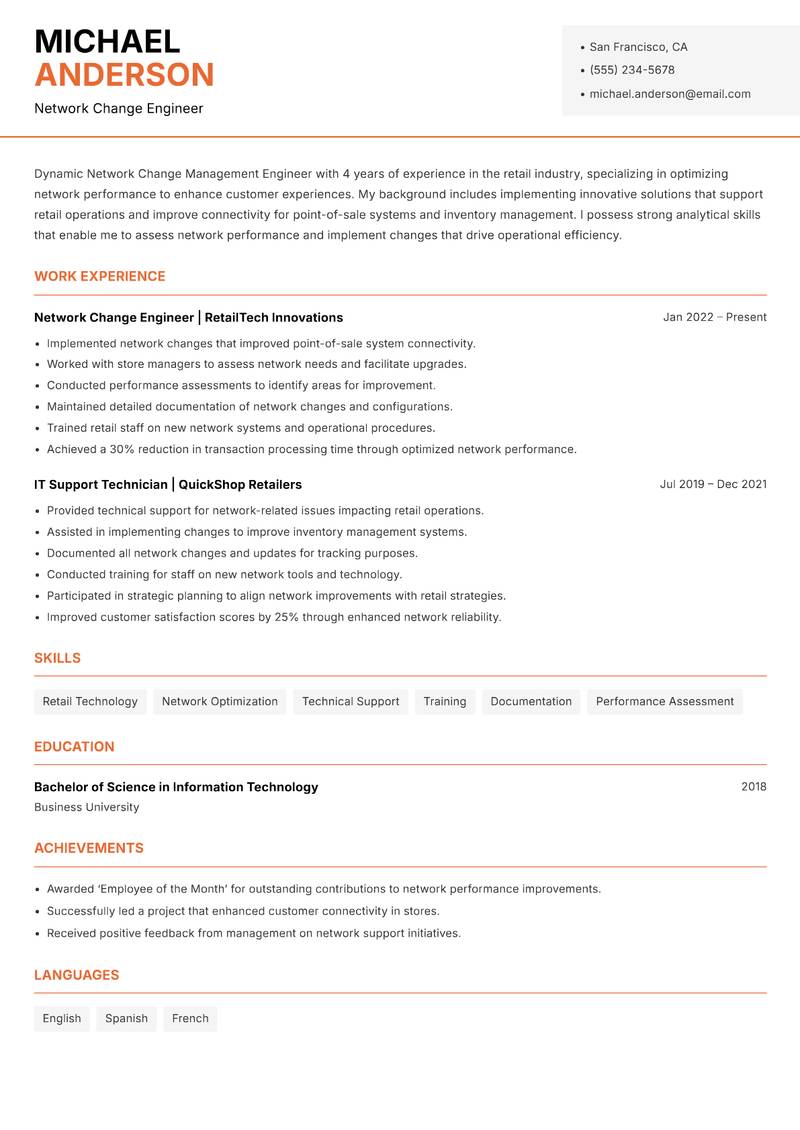 Network Change Management Engineer resume template — Modern Professional