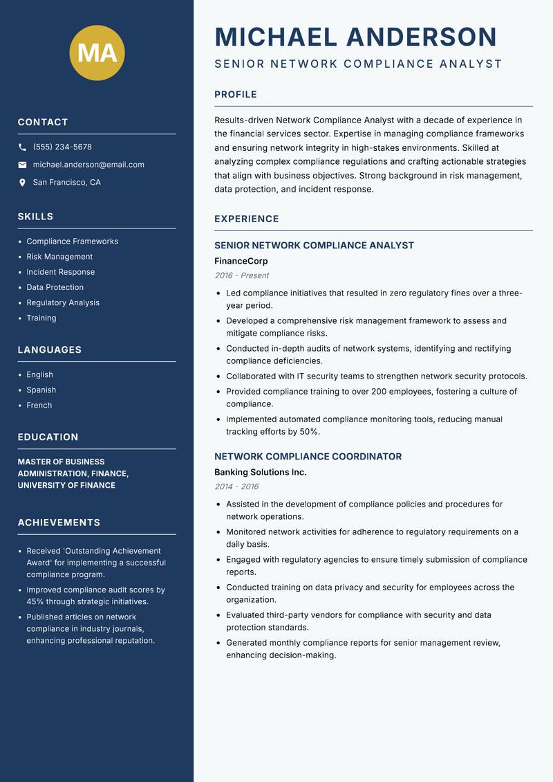 Network Compliance Analyst resume template — Classic Clean