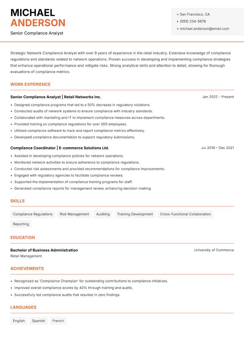 Network Compliance Analyst resume template — Modern Professional