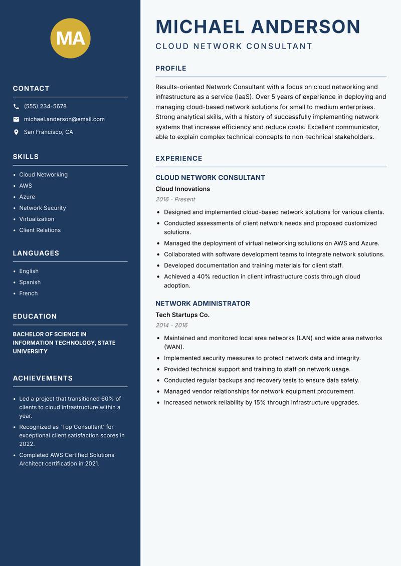 Network Consultant resume template — Classic Clean