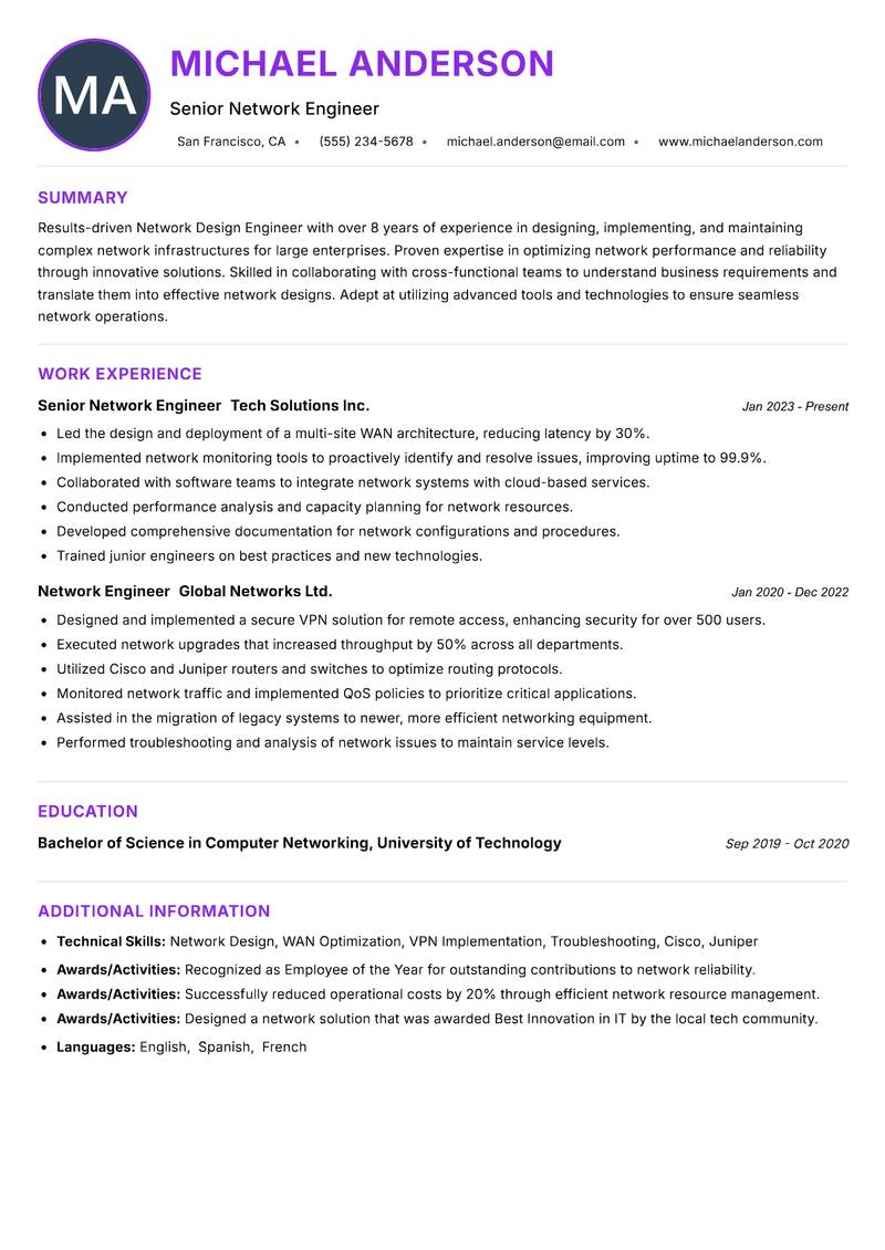 Network Design Engineer resume example — ATS-friendly template