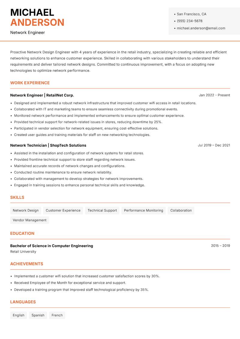 Network Design Engineer resume template — Modern Professional