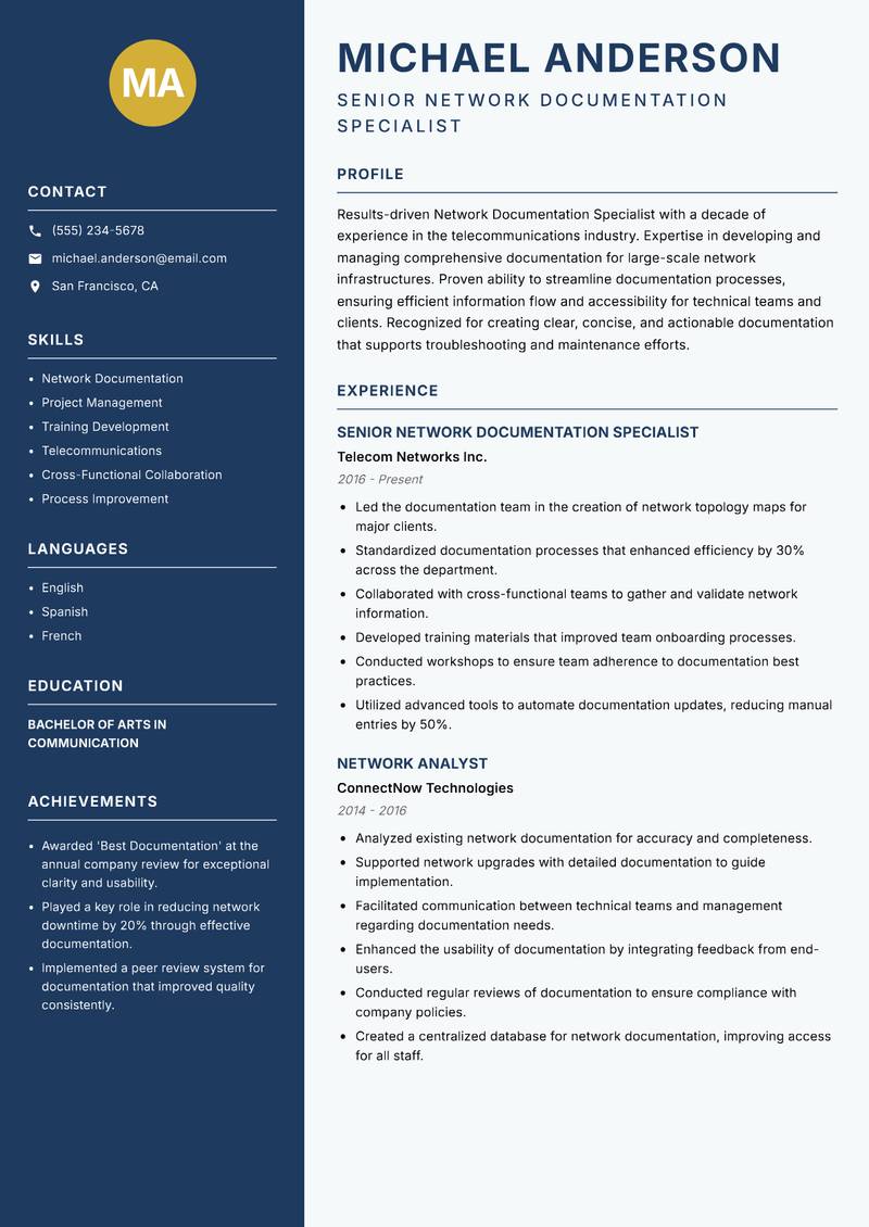 Network Documentation Specialist resume template — Classic Clean