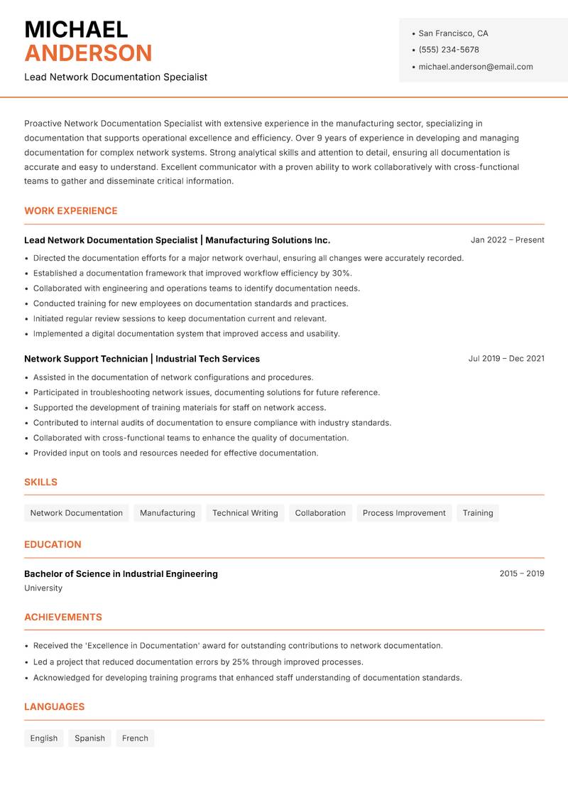 Network Documentation Specialist resume template — Modern Professional