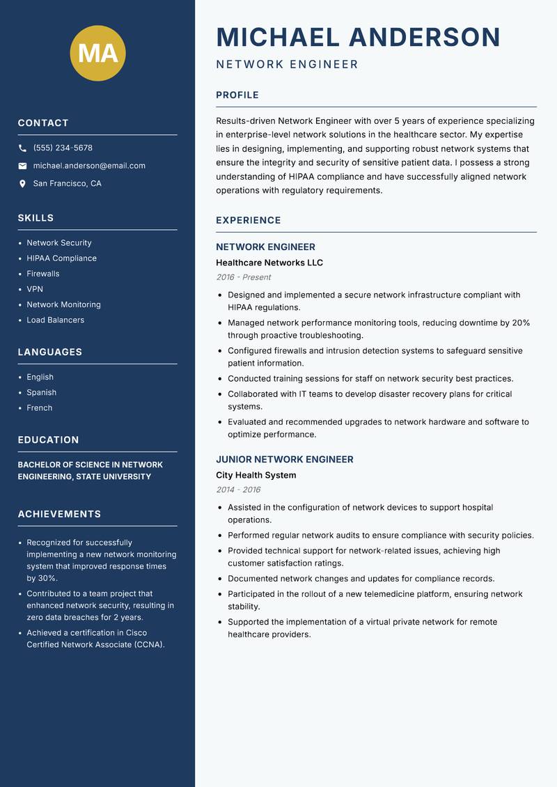Network Engineer resume template — Classic Clean