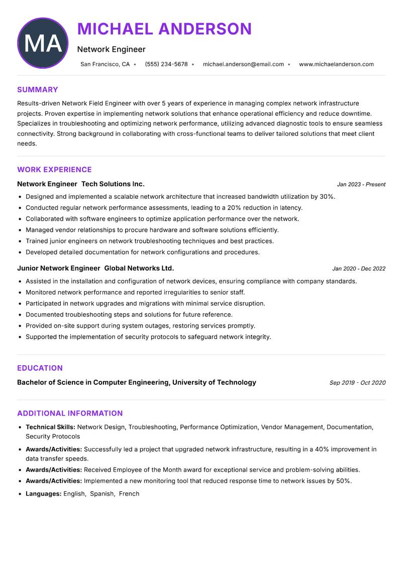 Network Field Engineer resume example — ATS-friendly template