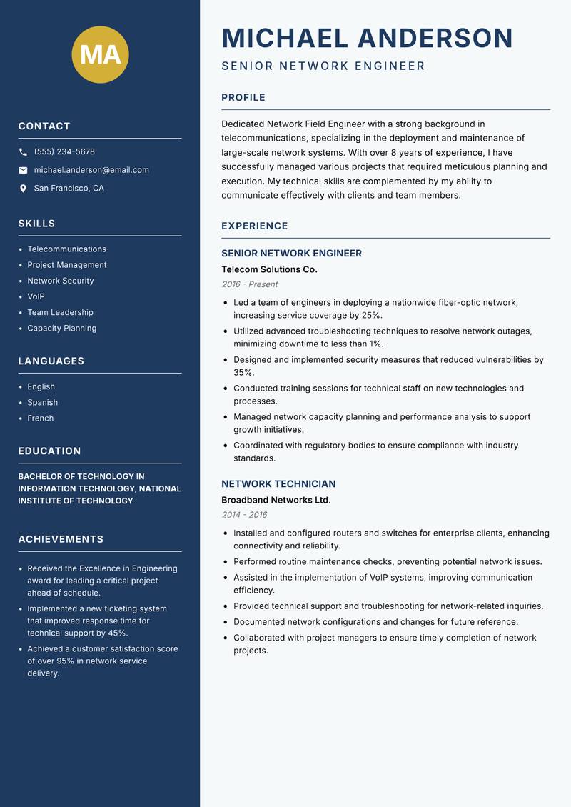 Network Field Engineer resume template — Classic Clean
