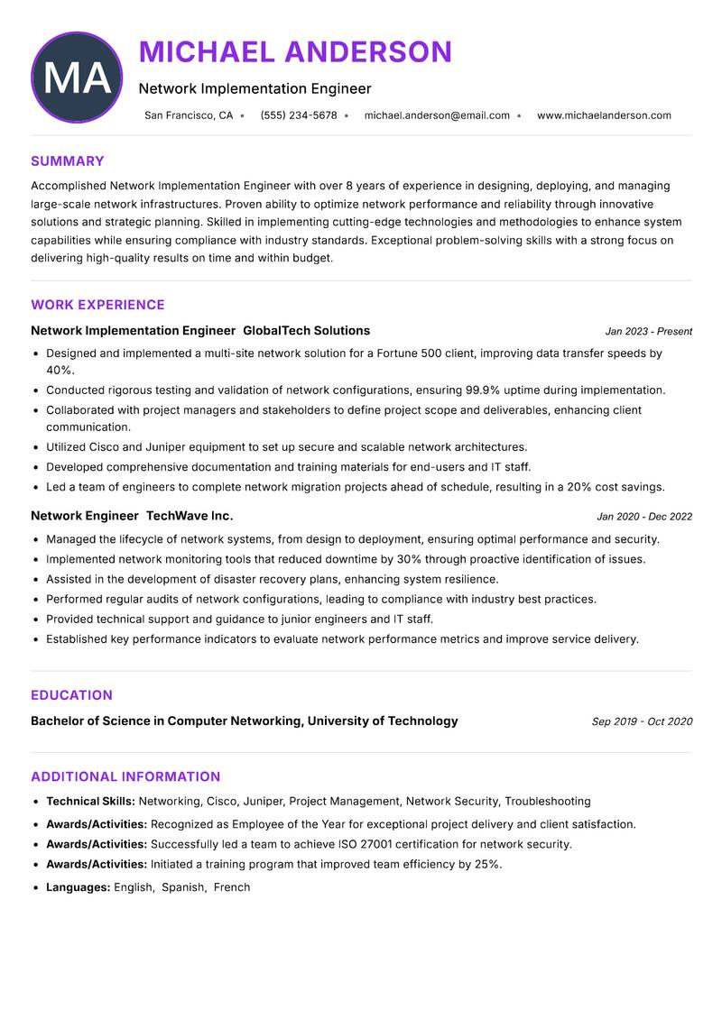 Network Implementation Engineer resume example — ATS-friendly template