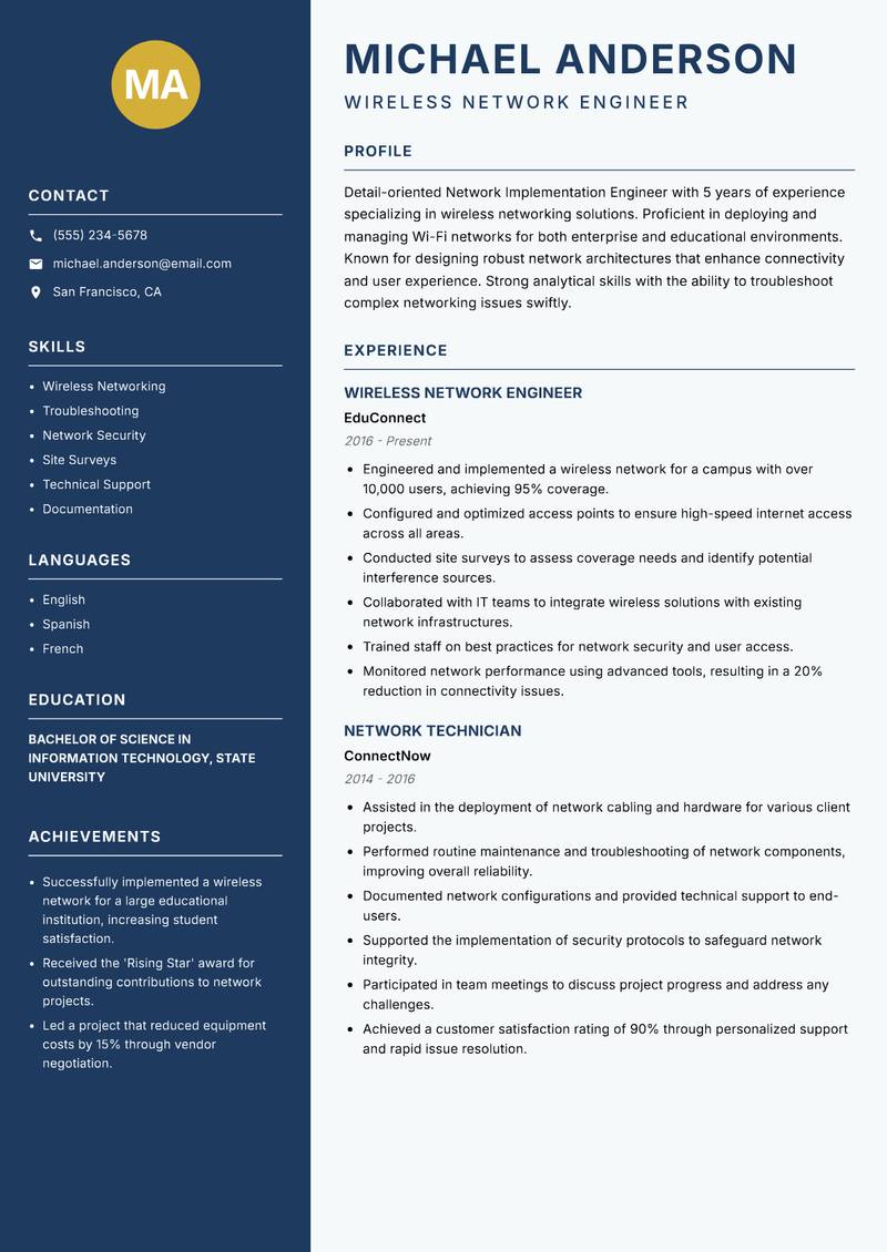 Network Implementation Engineer resume template — Classic Clean
