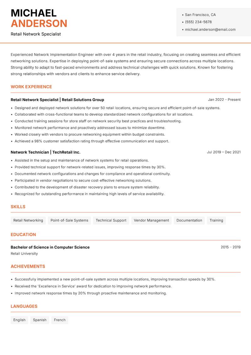 Network Implementation Engineer resume template — Modern Professional