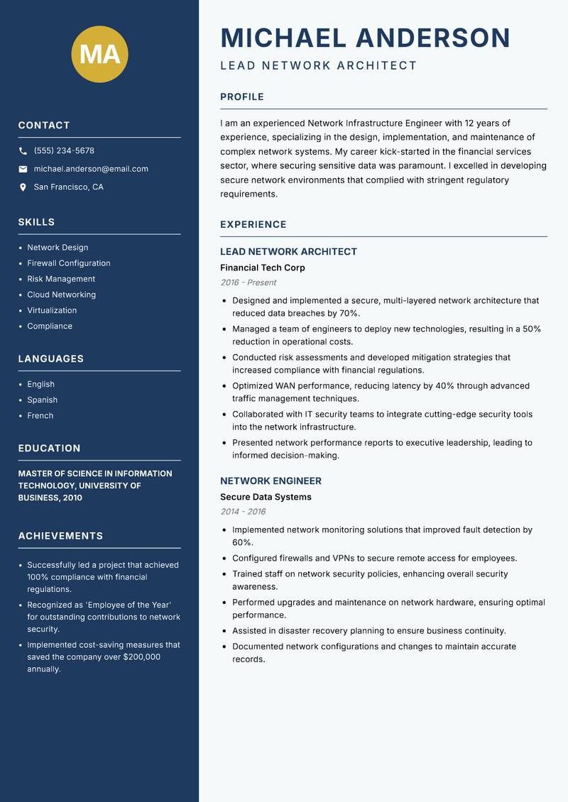 Network Infrastructure Engineer resume template — Classic Clean