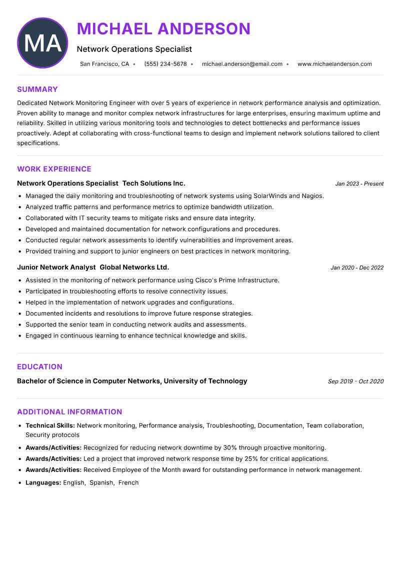 Network Monitoring Engineer resume example — ATS-friendly template