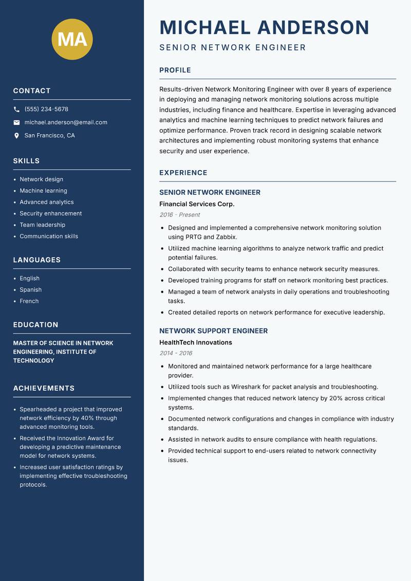 Network Monitoring Engineer resume template — Classic Clean