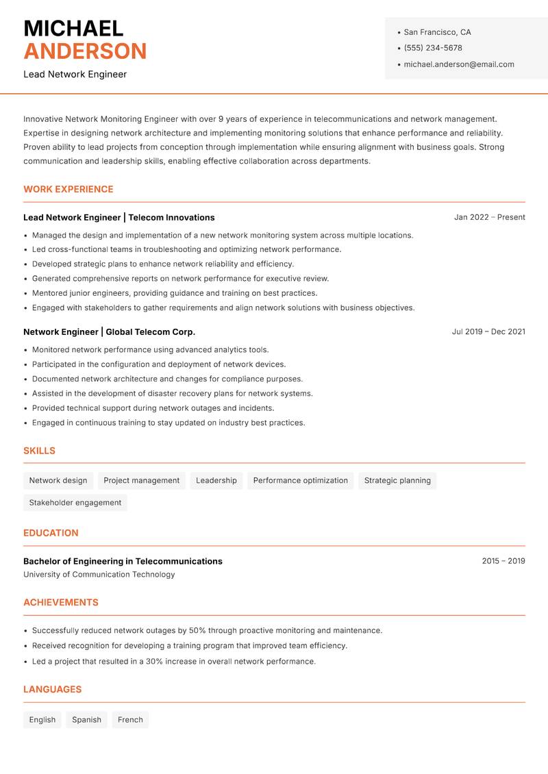 Network Monitoring Engineer resume template — Modern Professional