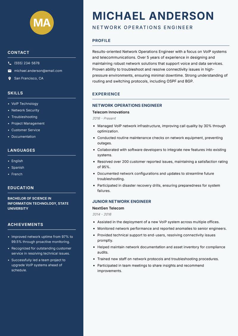 Network Operations Engineer resume template — Classic Clean