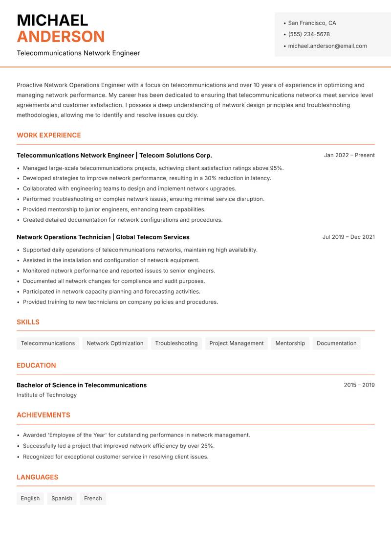 Network Operations Engineer resume template — Modern Professional